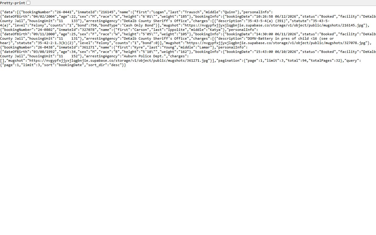 DeKalb County jail mugshots roster API booking photo fields